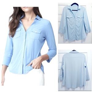J. McLaughlin Brynn Blouse Blue Button Up Shirt Stretch 3/4 Sleeve Size Large